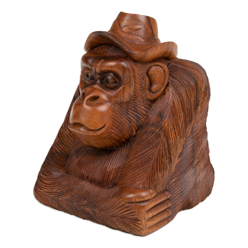  Handmade Pensive Orangutan Wood Sculpture
