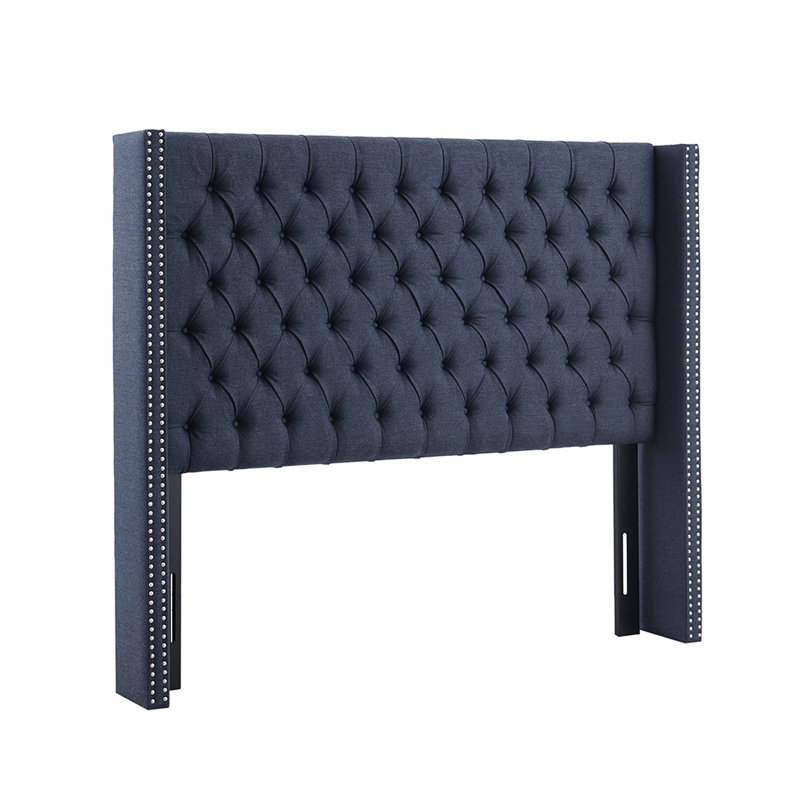 Tête de lit tapissier bleu marine pour grand lit, bouton avec double décoration cloutée, pieds réglables en métal noir, assemblage requis, capitonnage et garniture inclus avec outil, revêtement, pieds noirs, ensemble