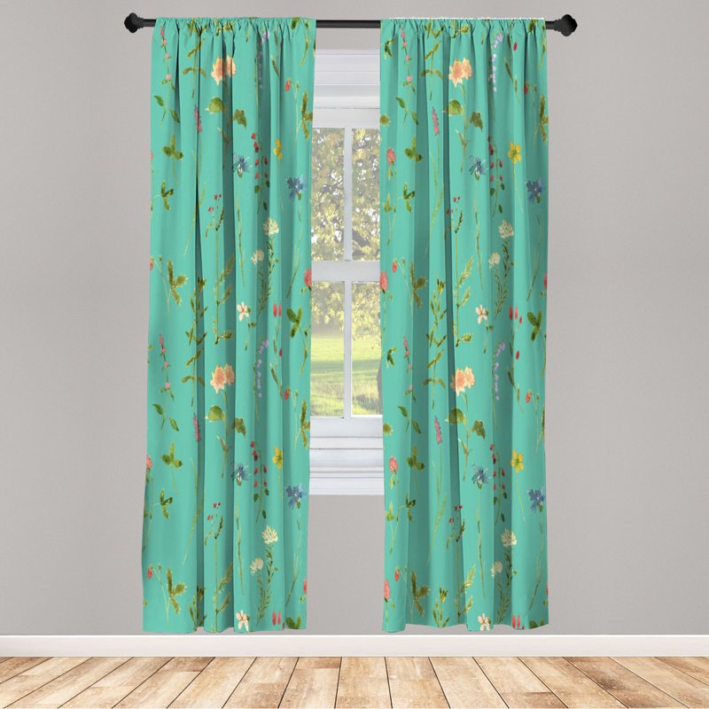 Microfiber Floral Semi-Sheer Rod Pocket Curtain Panels, 28" W x 95" L, Mint/Yellow