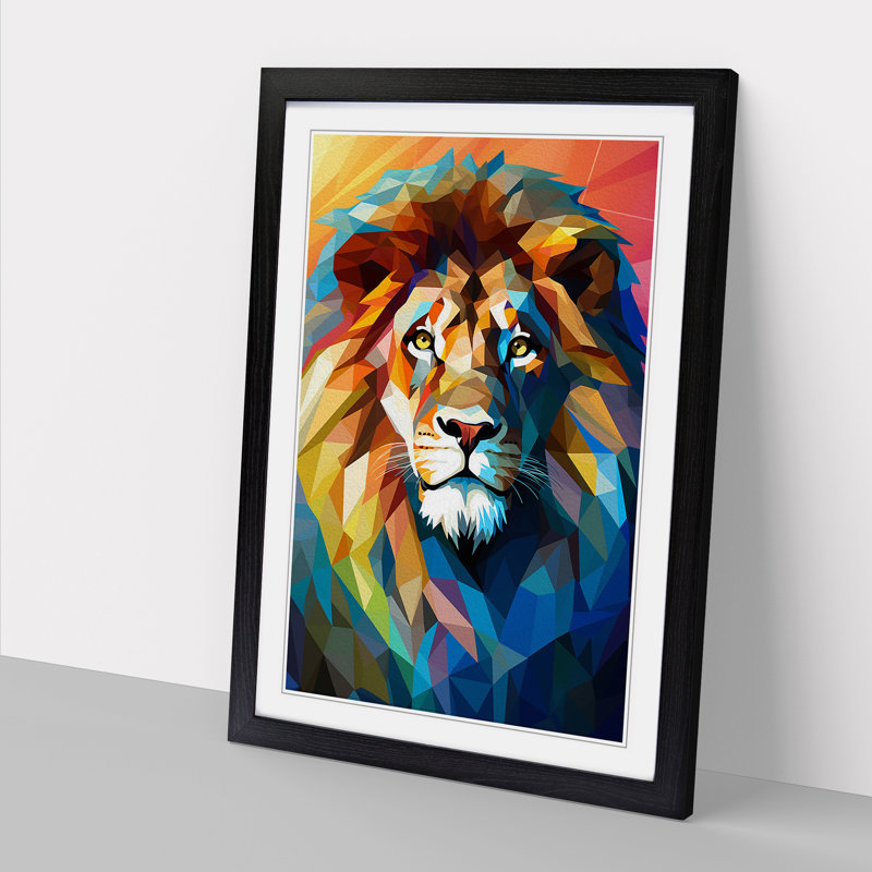 XYZ-FRM-V1223-4258 Lion Cubism No.2 - Single Picture Frame Print on Wood, Black, 64cm H x 46cm W x 2cm D