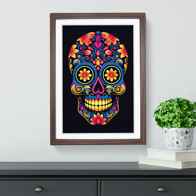 Sugar Skull Minimalism No.2 - Single Picture Frame Print on Wood, 46cm H x 34cm W x 2cm D, Walnut