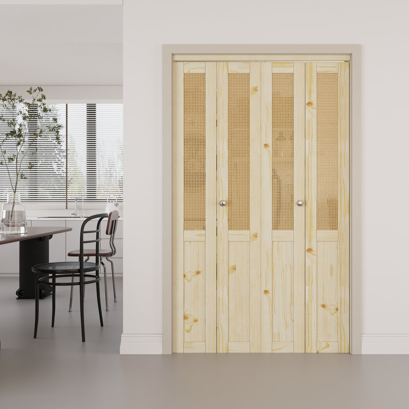 Porte pliante à double panneaux en bois brut et imitation rotin tissé à la main avec quincaillerie, 48 po x 80 po
