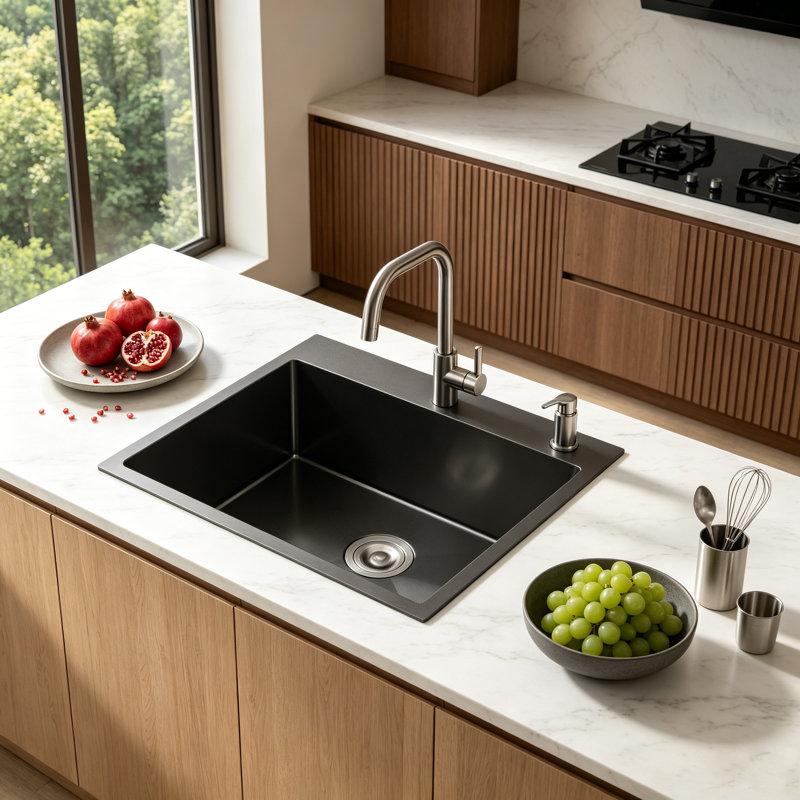 Évier de cuisine à cuve simple à poser en acier inoxydable, Satin Black, 23*19