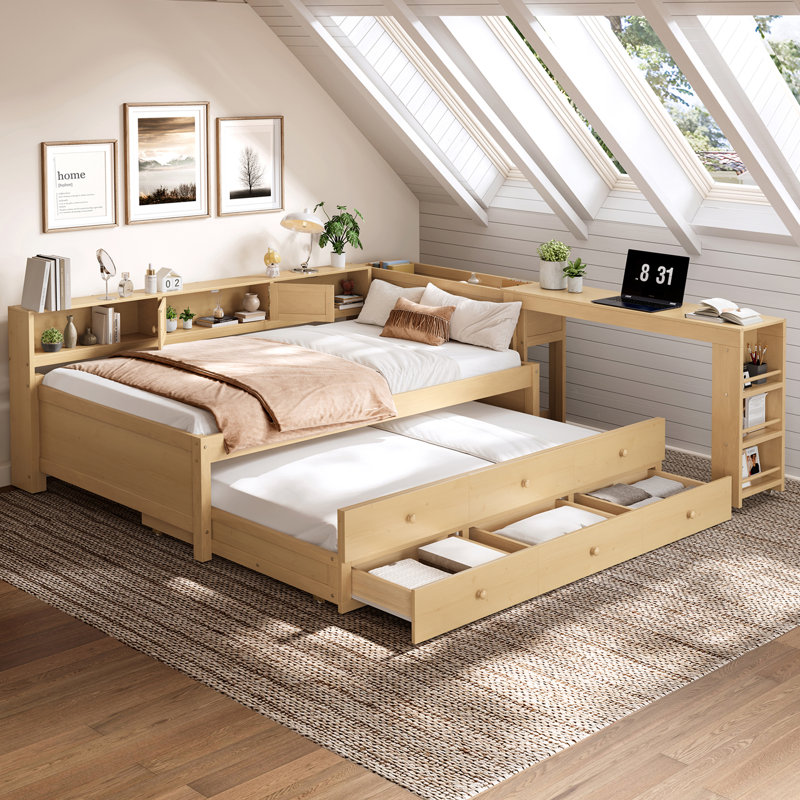 Structure de lit de jour avec couchette Haven, bureau intégré et tiroirs de rangement pour enfants, Lit simple
