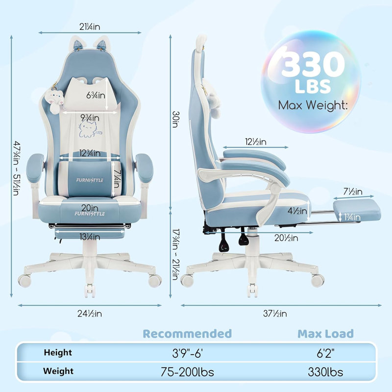 Gaming Chair Cute with Cat Ears & Ringing Accessories and  Lumbar Support, Ergonomic Computer Chair for Girl with Footrest  Headrest & Padded Arms