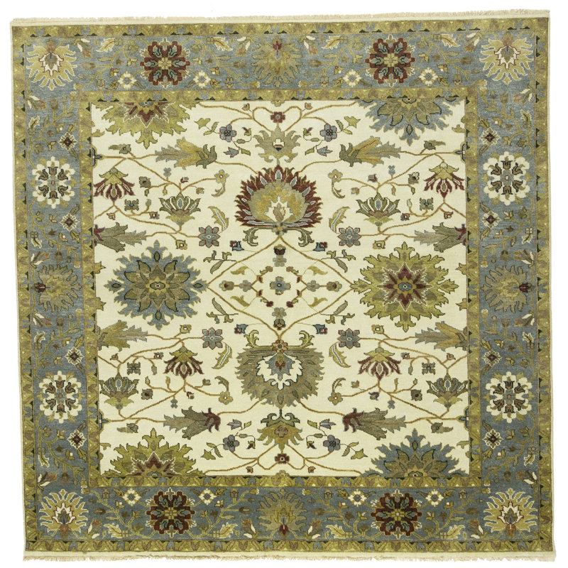 Tapis oriental crème crème à motif floral Osh Chobi 10 x 10 fait à la main Peshawar, Carré 7 pi 10 po
