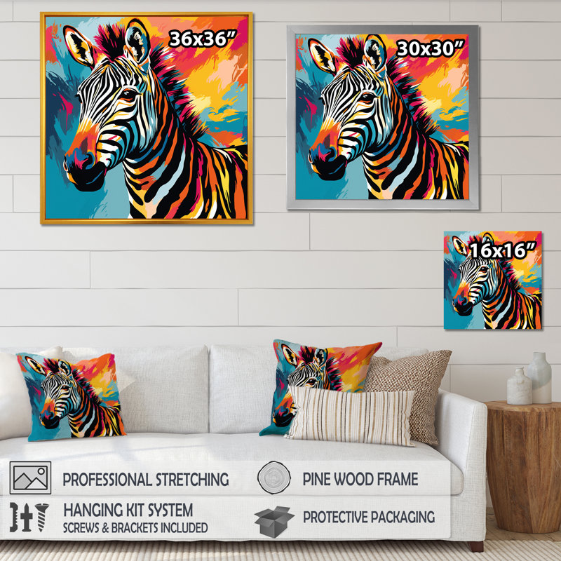 Coloré Popart fantaisie zébrée I - art mural zèbre, Cadre flottant noir, H 16 po x l 16 po x P 1 po