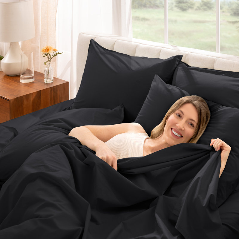 Ensemble de draps 100% coton percale, Ensemble de draps pour grand lit avec 2 taies d'or, Black