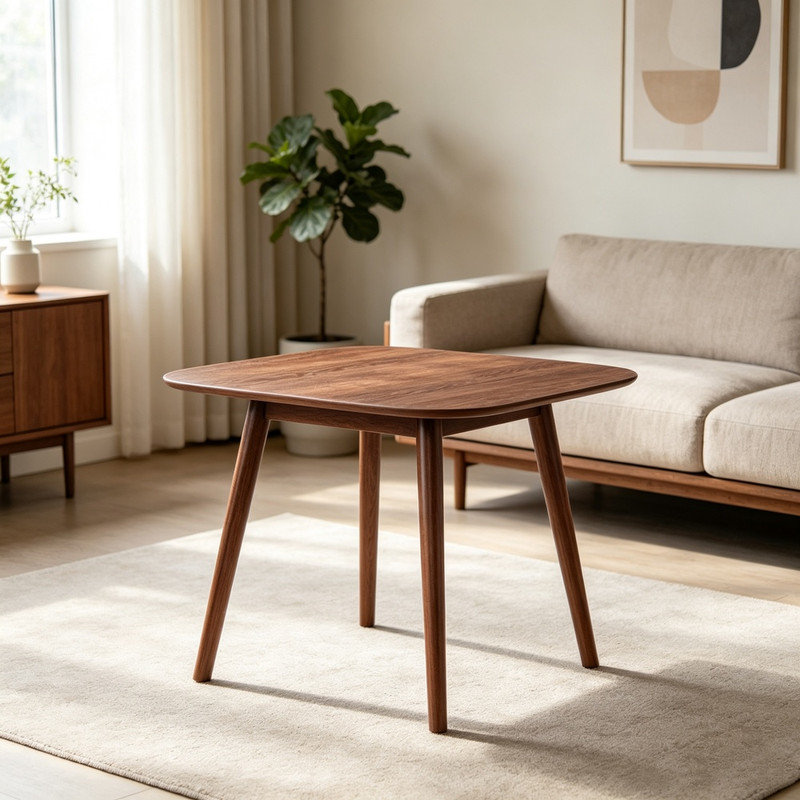 Table de salle à manger carrée de style moderne du milieu du siècle avec bord arrondi, table de cuisine en bois brun noyer avec pieds fuselés et évasés pour 2 à 4 personnes
