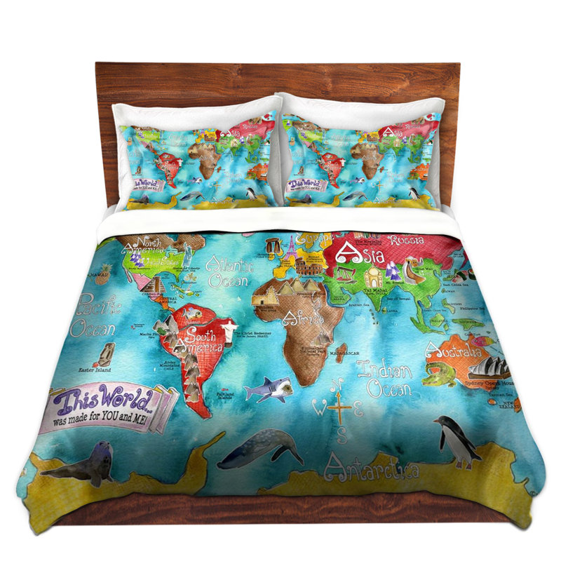 Ensemble de housse de couette the world royal map, 1 housse simple + 1 taie standard, Bleu / vert