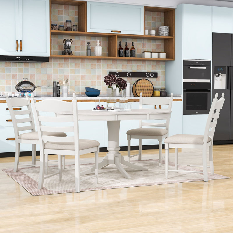 Daylyn Retro 5-Piece Dining Set, Wood Dining Table with Movable Leaf and Ladder Back Chairs, Antique White
