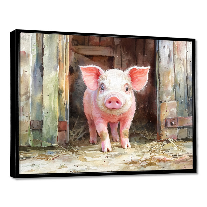 «Cute Farm Pig Portrait - Art mural encadré de cochon», Cadre flottant noir, 16" H x 32" W