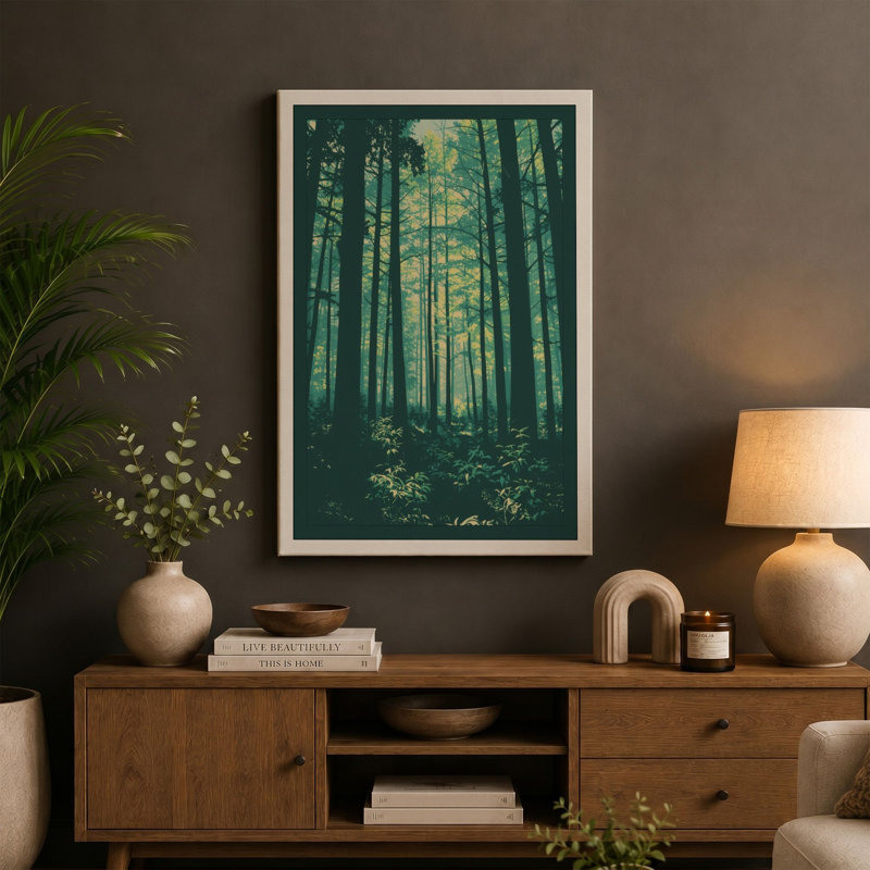 Light Through Forest Scandinavian - Wrapped Canvas, 30x20 - 76.2 x 50.8 cm, Black Border