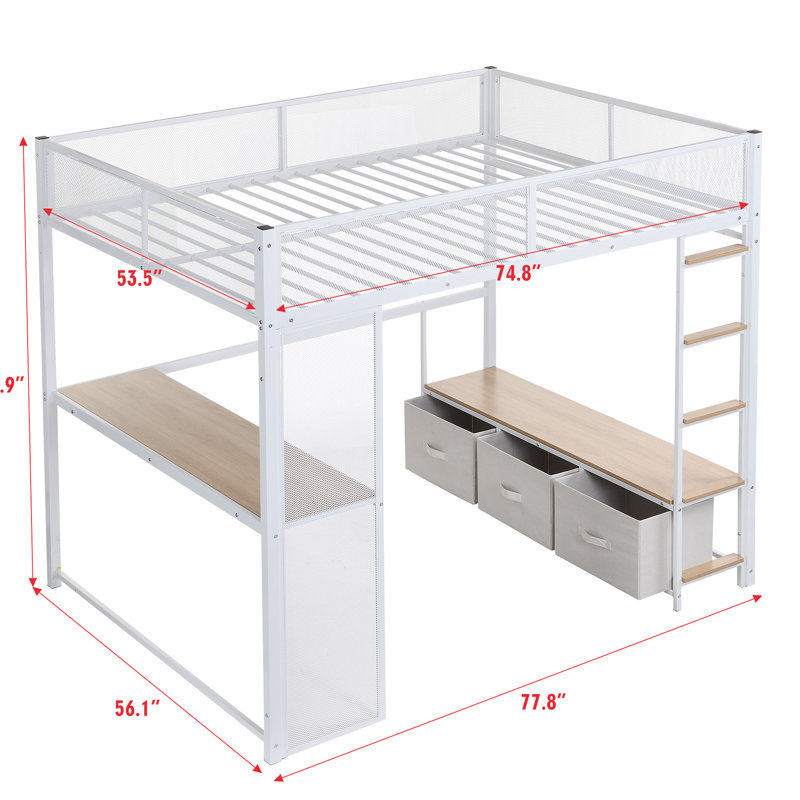 Lit double en métal blanc avec DEL, bureau et 3 tiroirs en lin - Lit mezzanine, bureau, rangement pour garde-robe