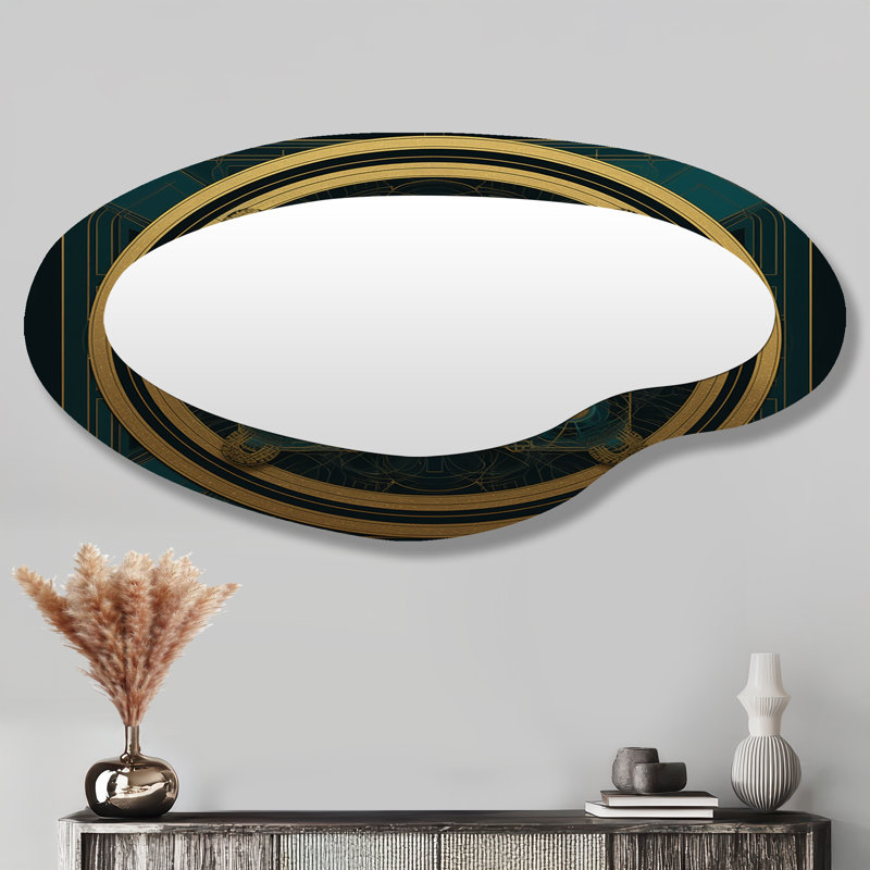Grand miroir mural antique antique en forme de sceau doré et bleu sarcelle III