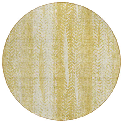 8' Gold Wheat And Ivory Round Botanical Leaves Washable Indoor Outdoor Area Rug