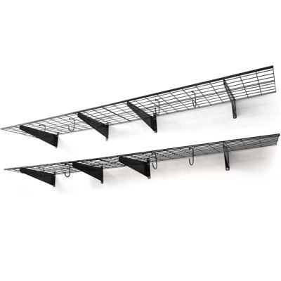 17 Storeys Garage Wall Shelving, 96” W x 18” D Wall Mounted Garage Shelves w/ 4 Bike Hooks, Black/White