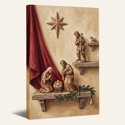 Personnages de crèche de Noël en bois avec rideau rouge et toile de Noël
