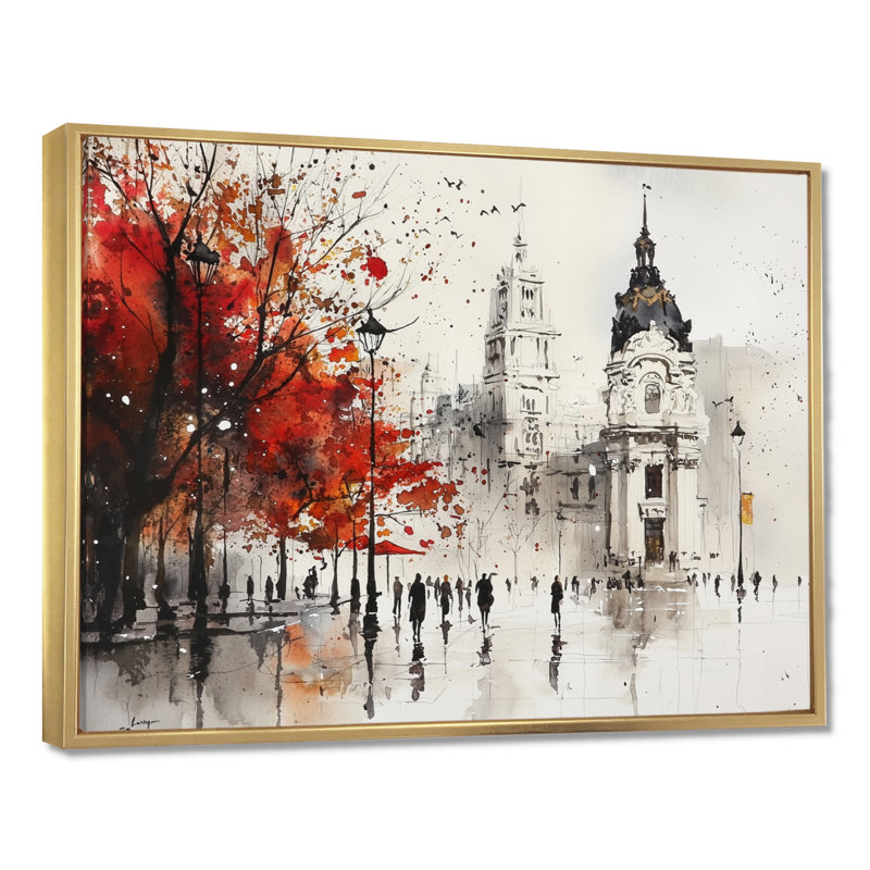 «Vibrant Madrid Streets In Autumn I», art mural de Madrid, H 12 po x l 20 po, Cadre flottant sans passe-partout, Gold