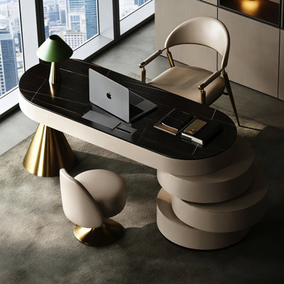 Italian Minimalist Oval Desk, Sintered Stone Top with Leather Accents