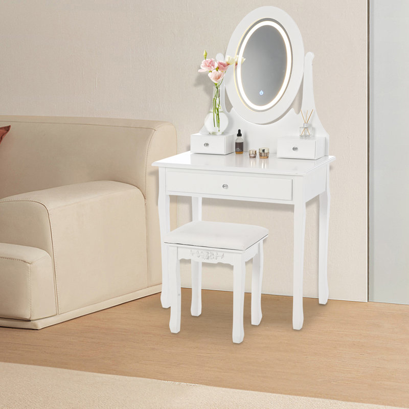 Ensemble de coiffeuse maquillage avec miroir ovale, chaise, tabouret rembourré, 3 modes d'éclairage couleur,