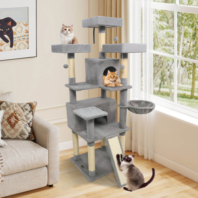 65” Tall Multi-level Cat Tree with 3 Upholstered Top Perch 2 Cat Condos Cat Basket Light Grey, Light Grey