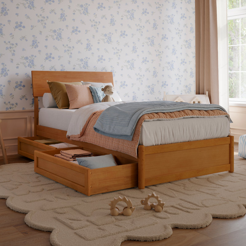 Norla Wood Platform Bed with Storage Drawers, Twin, Light Toffee