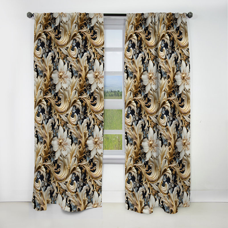 Royal Gold And White Floral Elegant Garden I - Abstract Marble Blackout Curtain - 1 Panels, 52" W x 95" L