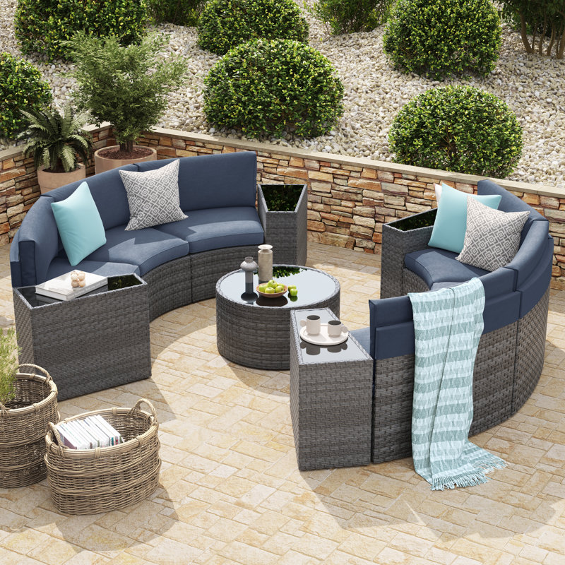 Badin Wicker/rattan 6 - Person Seating Group With Cushions, Gray Frame/Navy Cushion