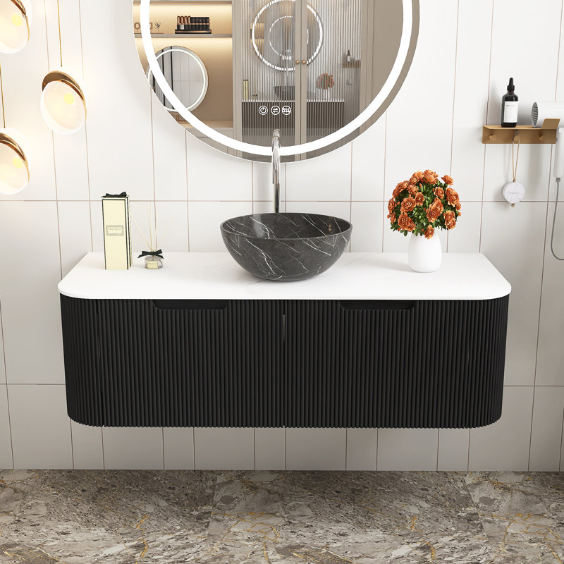 Lavabo de salle de bain mural en céramique, Noir, 48"