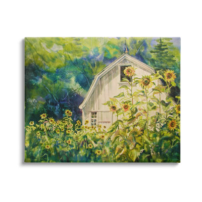 Paisible champ de tournesols campagne campagne grange - peinture
