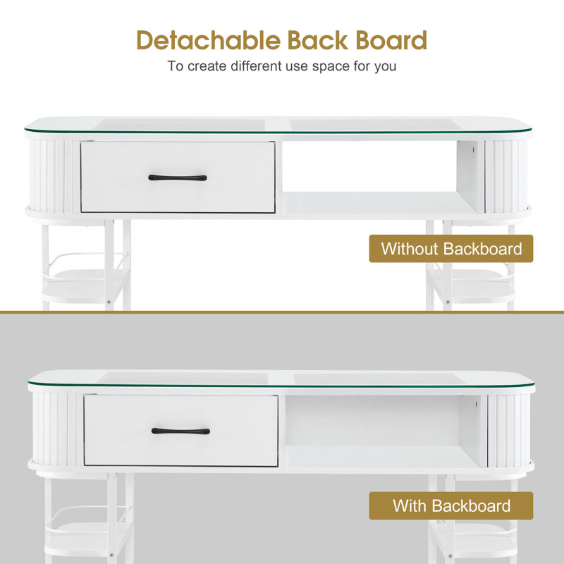 Table manucure moderne blanche, bureau Nail Tech avec plateau en verre