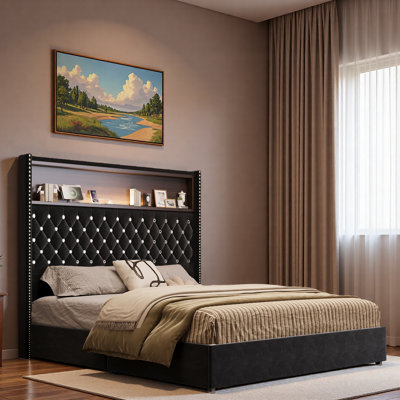 Velvet Tufted Bed With Usb Port, Night Light And Rivet High Headboard