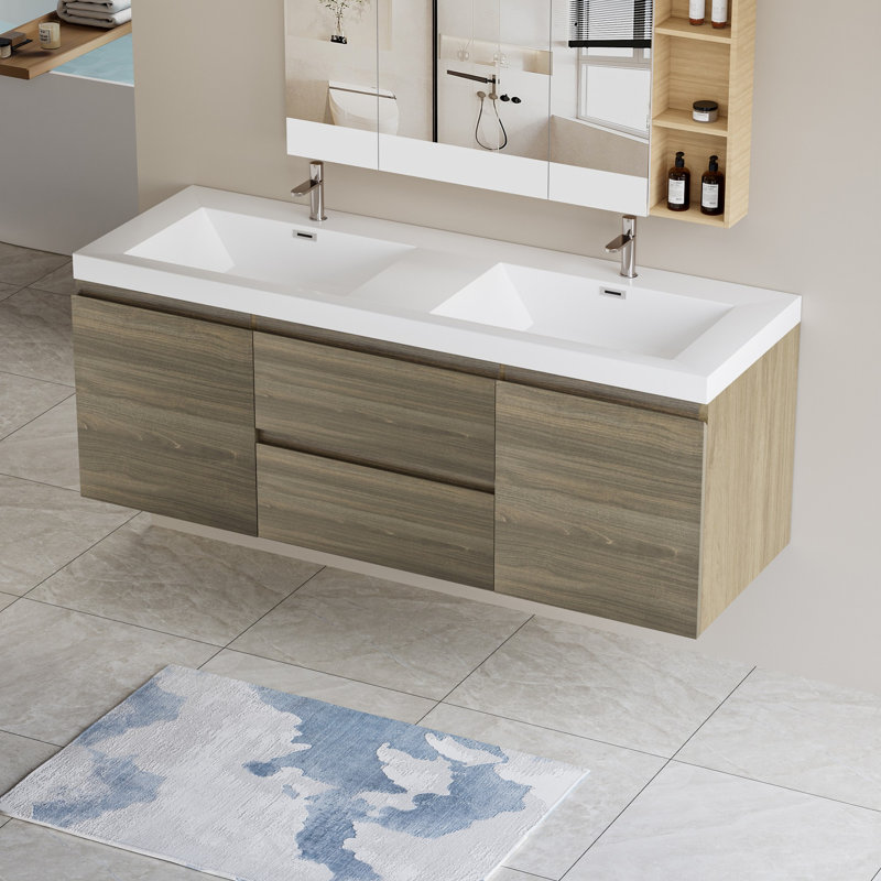 Meuble-lavabo mural avec lavabo, meuble de rangement pour salle de bain avec deux lavabos en résine
