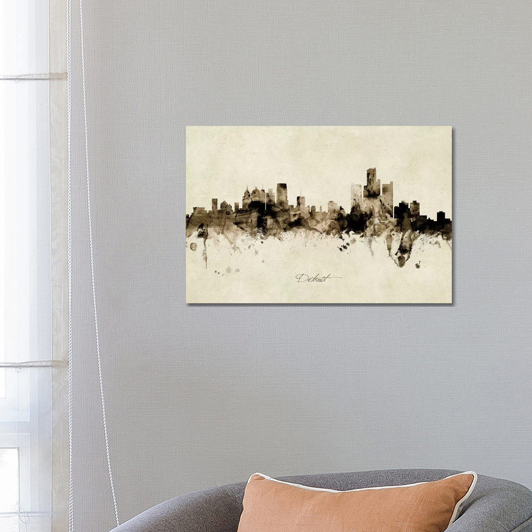 Detroit Michigan Skyline by Michael Tompsett - Wrapped Canvas Painting