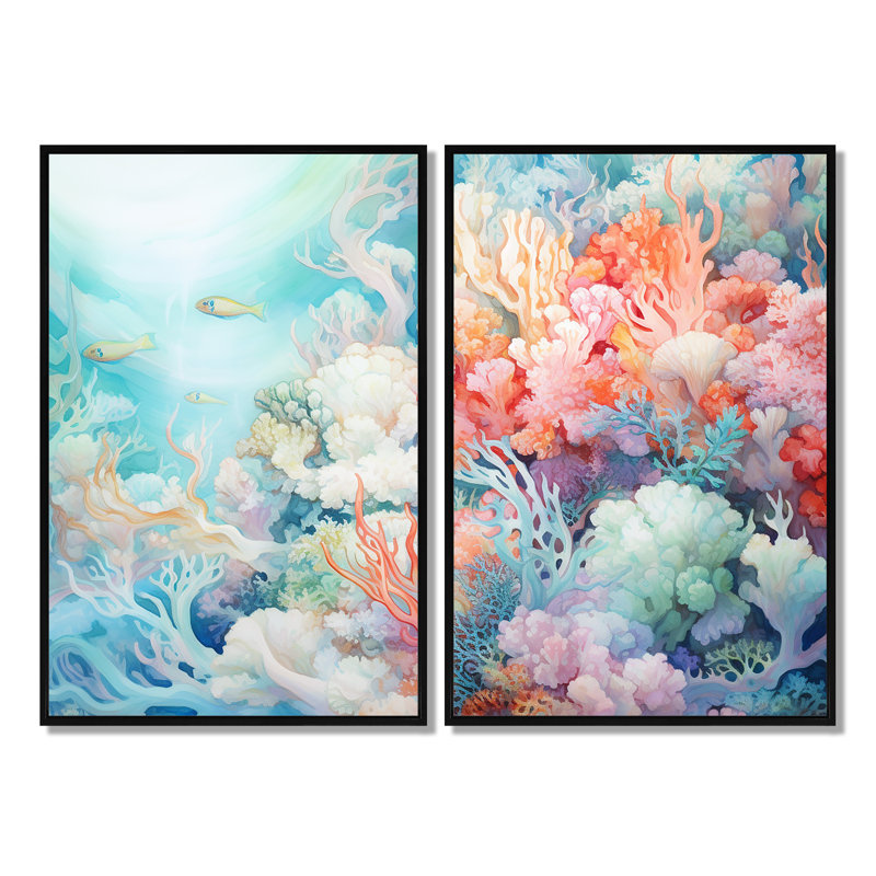 Underwater Coral Symphony Ii I - Art mural en toile rose 2 pièces, Impression encadrée flottante, Noir, H 36 po x l 48 po