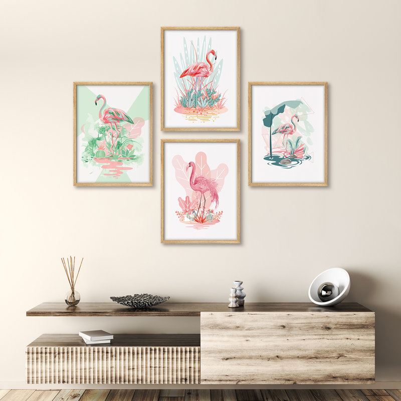 Art tropical, flamant rose tropical, Naturel / naturel, H 14 po x l 11 po