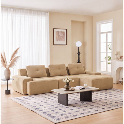 Canapé modulaire en L 82 po, 2 places, tissu velours côtelé, assise profonde, sans assemblage, brun clair