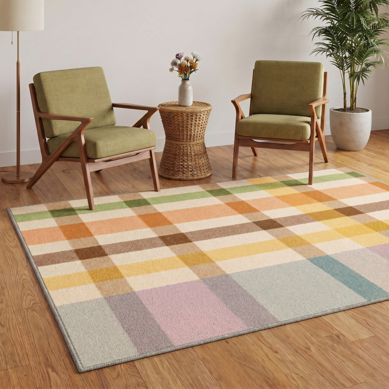 Tapis de couloir écossais ivoire / orange lavable en machine avec envers antidérapant, Tapis de couloir 84 po x 24 po