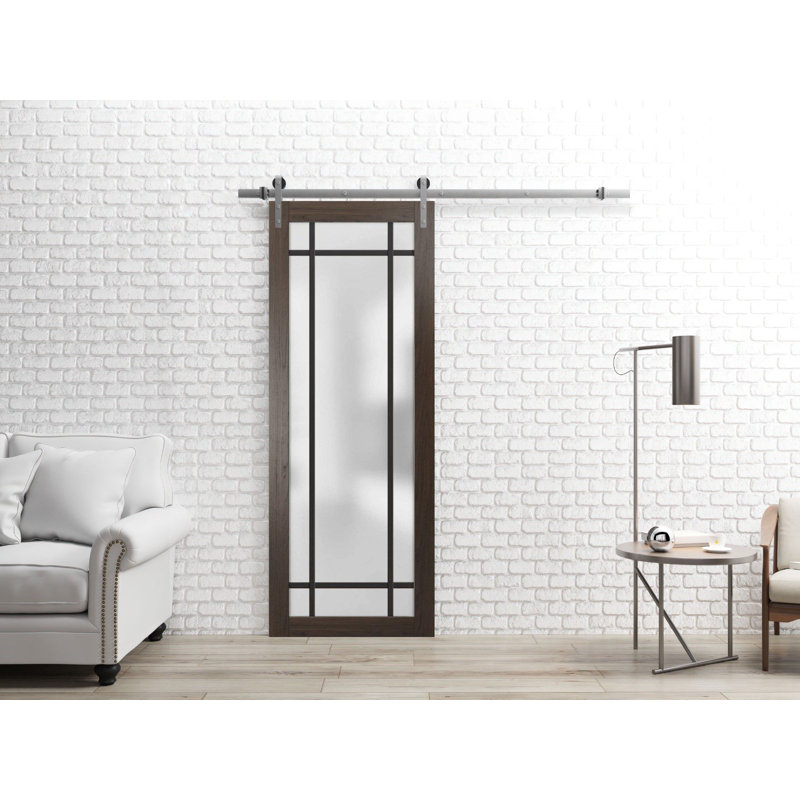 Porte de grange robuste en verre trempé dépoli Planum 2112, couleur frêne chocolat, rail argenté, quincaillerie lourde, portes intérieures modernes à panneaux pleins - 107 cm x 244 cm - Rail argenté