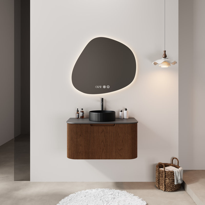 Meuble-lavabo flottant simple 35,85 po avec comptoir en pierre frittée noire et tiroirs