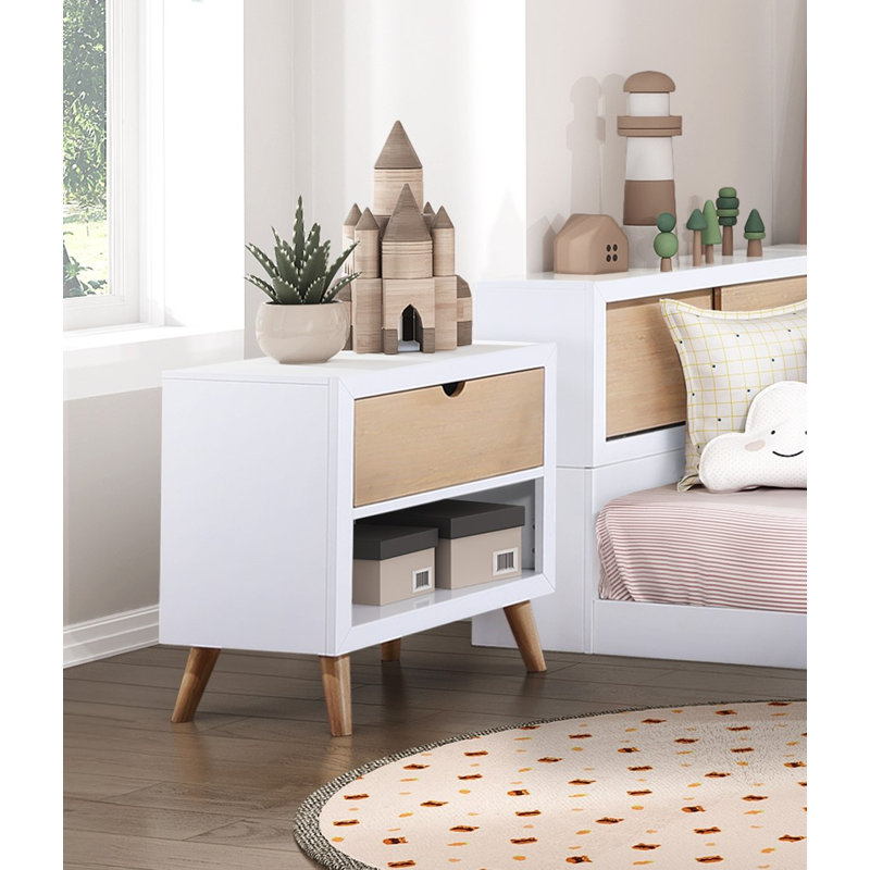 Table de chevet blanche et naturelle avec tiroir et tablette ouverte pour meubles de chambre à coucher