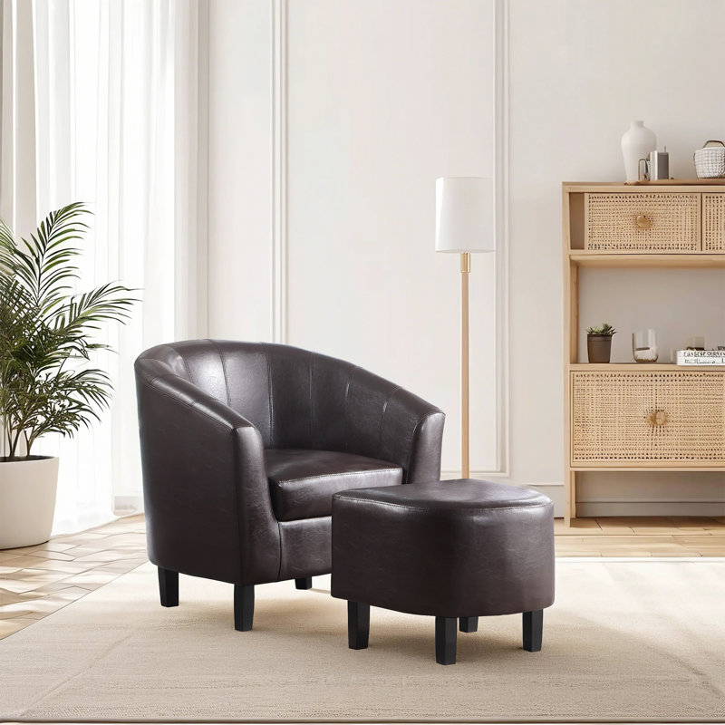 Pu Upholstery Leather Barrel Chair With Ottoman