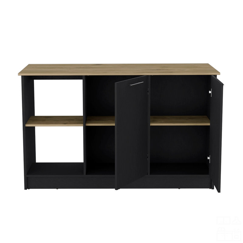 Îlot de cuisine avec grand comptoir, tablettes de rangement ouvertes et armoire à deux portes, Noir/naturel