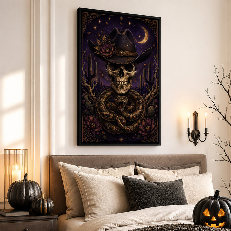 Impression sur toile mauve, crâne de cowboy, H 24 po x l 16 po
