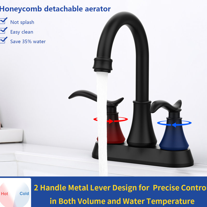Matte Black Bathroom Sink Faucet With 2 Handles - 360 Swivel High Arc Spout 4 Inch Vanity Faucet, Pop-Up Drain & Supply Hoses Included Finish Handles, Degree
