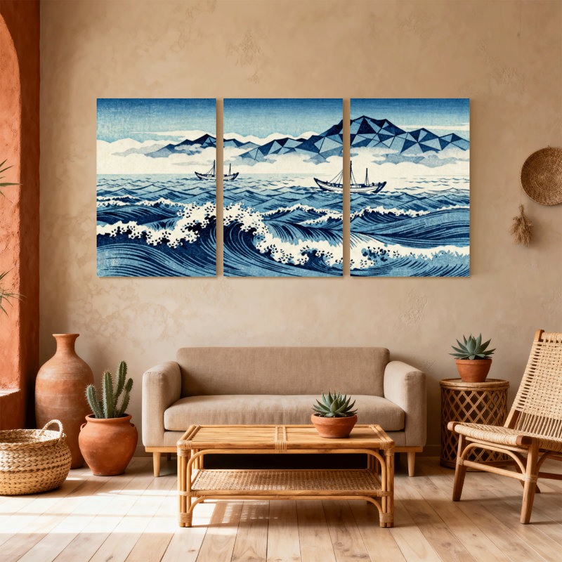 «Ocean Waves Mountains», bateaux, reflets du ciel, ensemble de 3 impressions sur toile, H 18 po x l 36 po