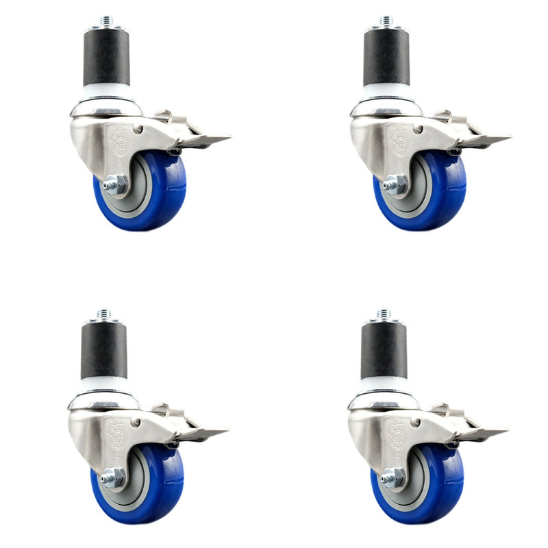 Poly Swivel Expanding Stem Caster Set Lock Brake, 3.5" H x 3.5" W, Blue