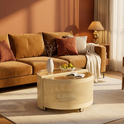 Modern Rotating Coffee Table with Tempered Glass top tabletop and Storage, Spinning Round Accent Table with Dual Layer Design for Living Room, Bedroom