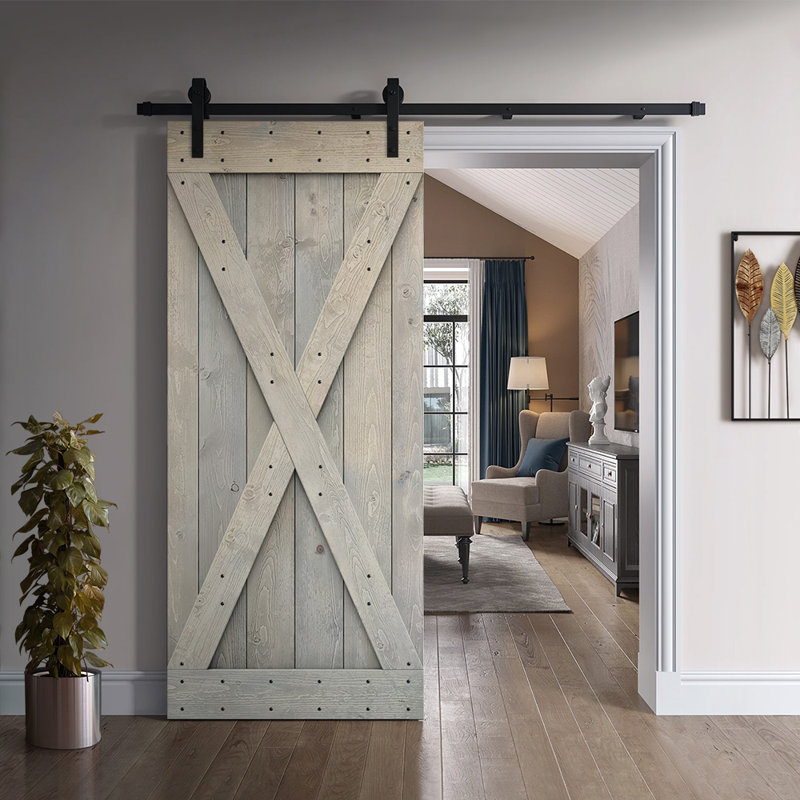 Porte de grange à panneaux et en bois avec quincaillerie d'installation, 42 po x 84 po, Gris fumée, Noir mat